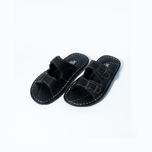 Pair of black sandals with velcro straps on a white background