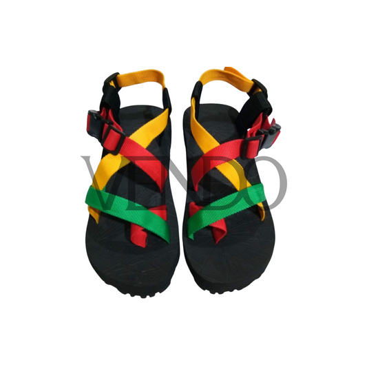 Black sandals with colorful straps on a white background
