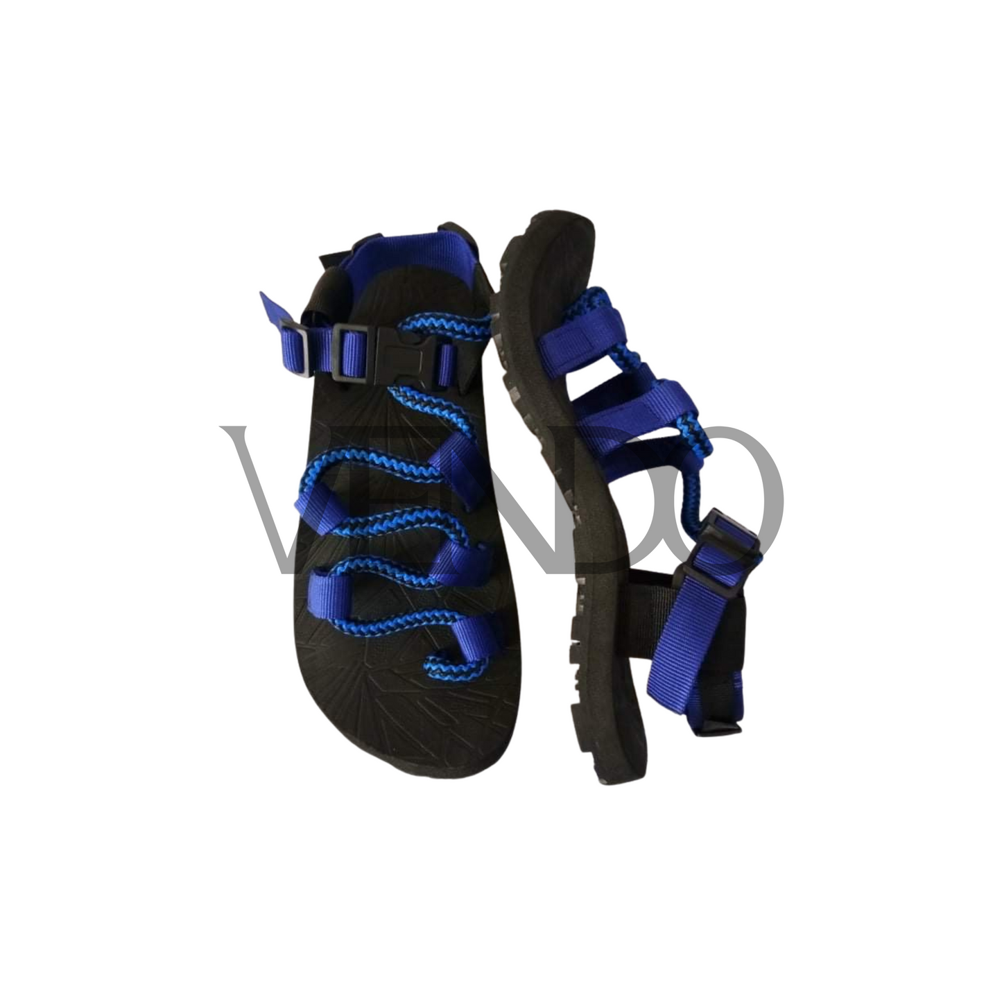 Black and blue hiking sandals on a white background