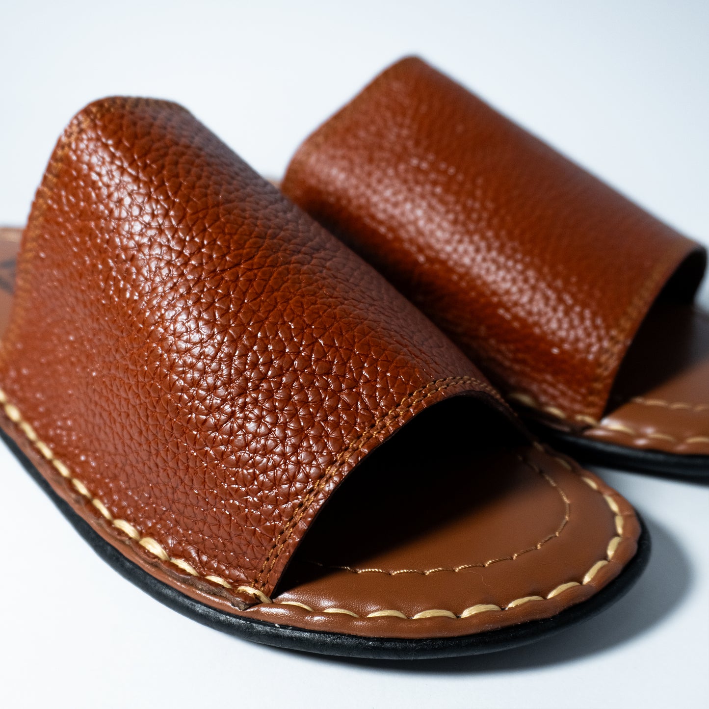 Pair of brown leather sandals on a white background