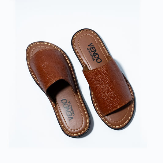 Pair of brown leather sandals with 'VENDO' branding on a white background
