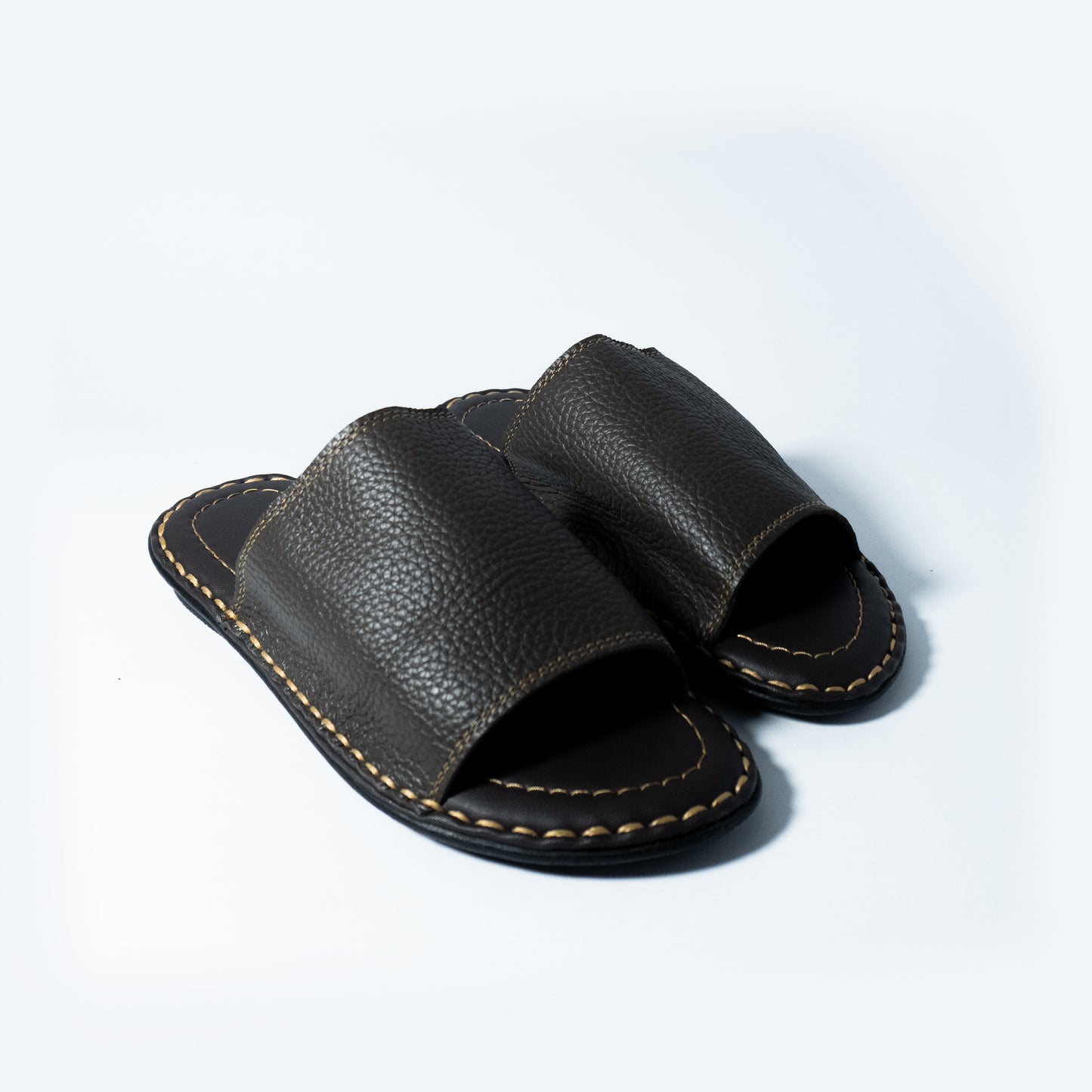 Pair of black leather sandals on a light blue background