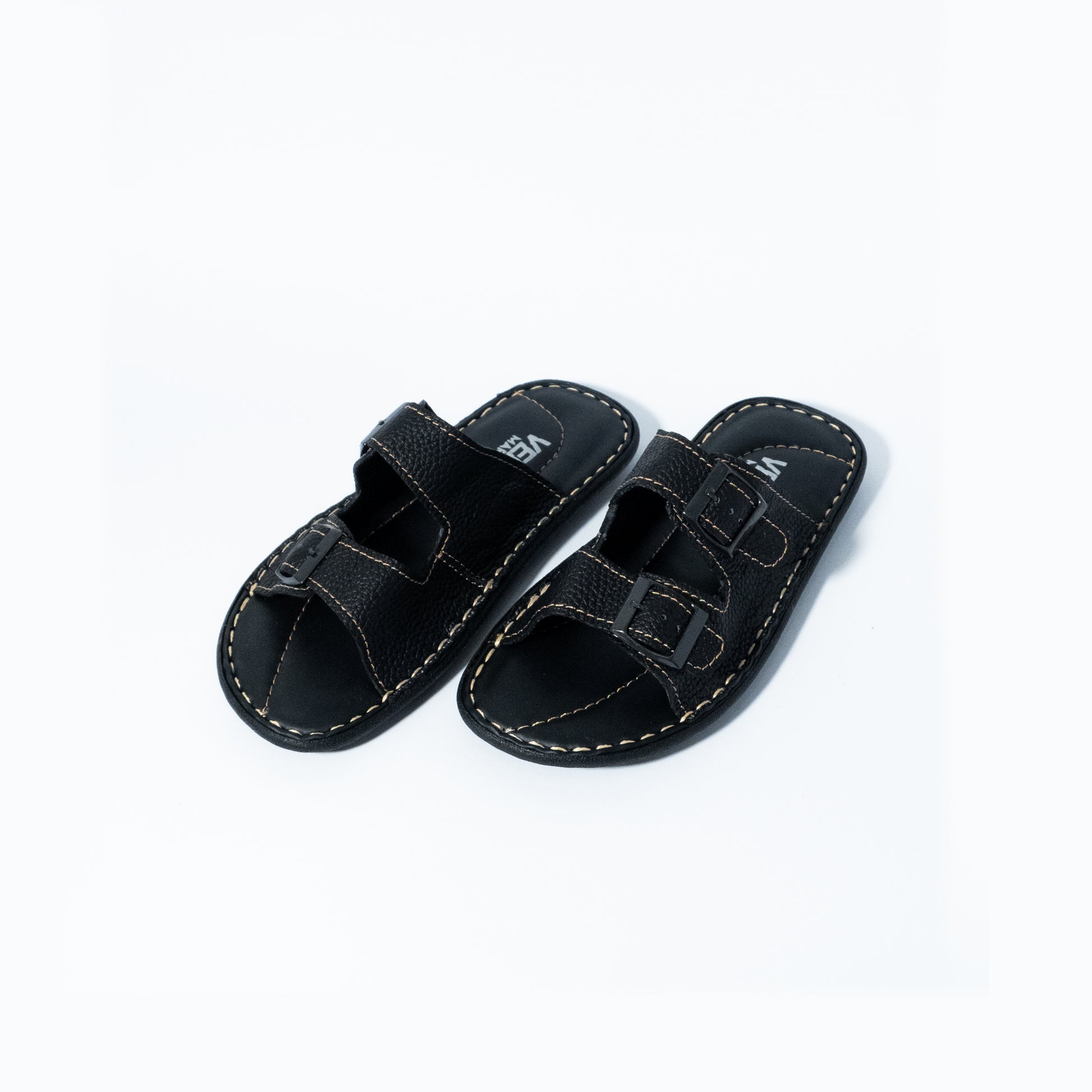 Pair of black sandals with velcro straps on a white background