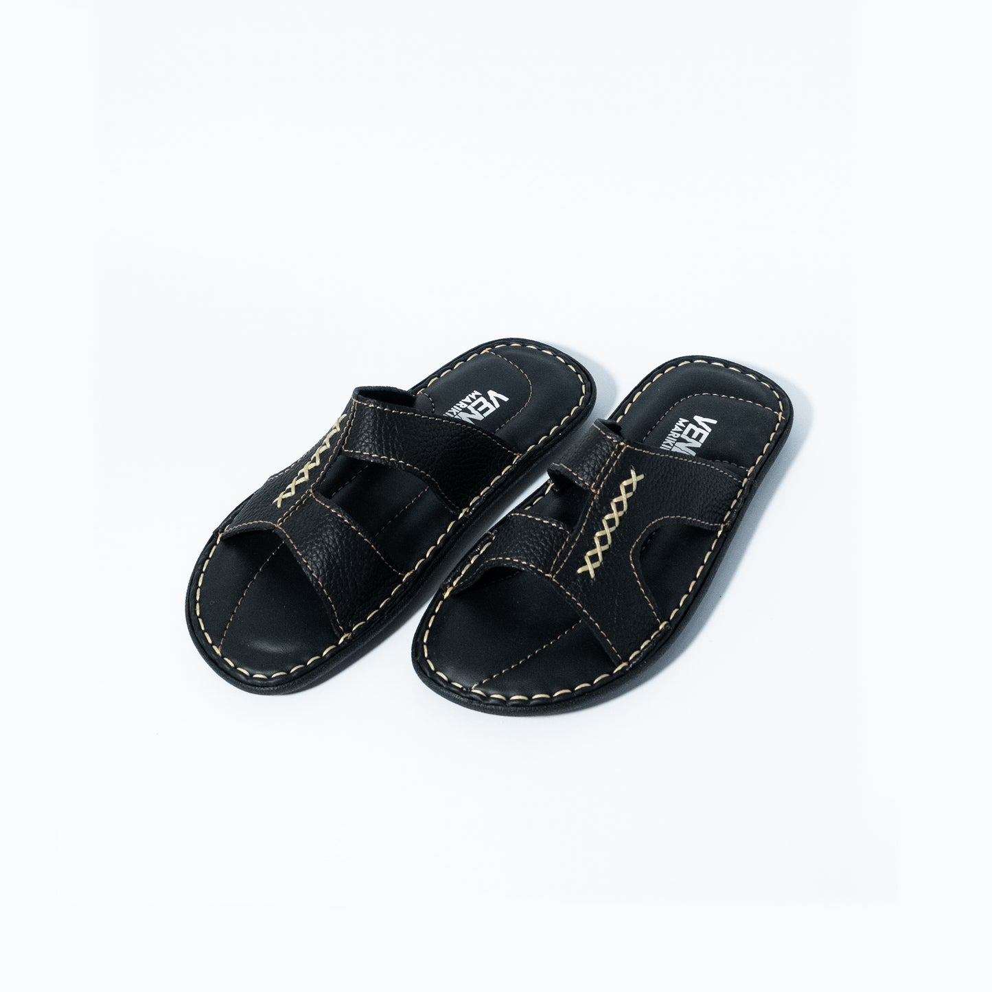 Pair of black sandals with a brand logo on a white background