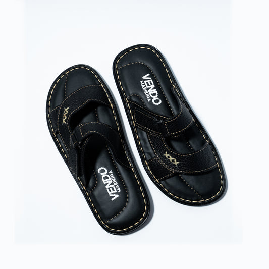 Pair of black sandals with 'VENDO' branding on a white background