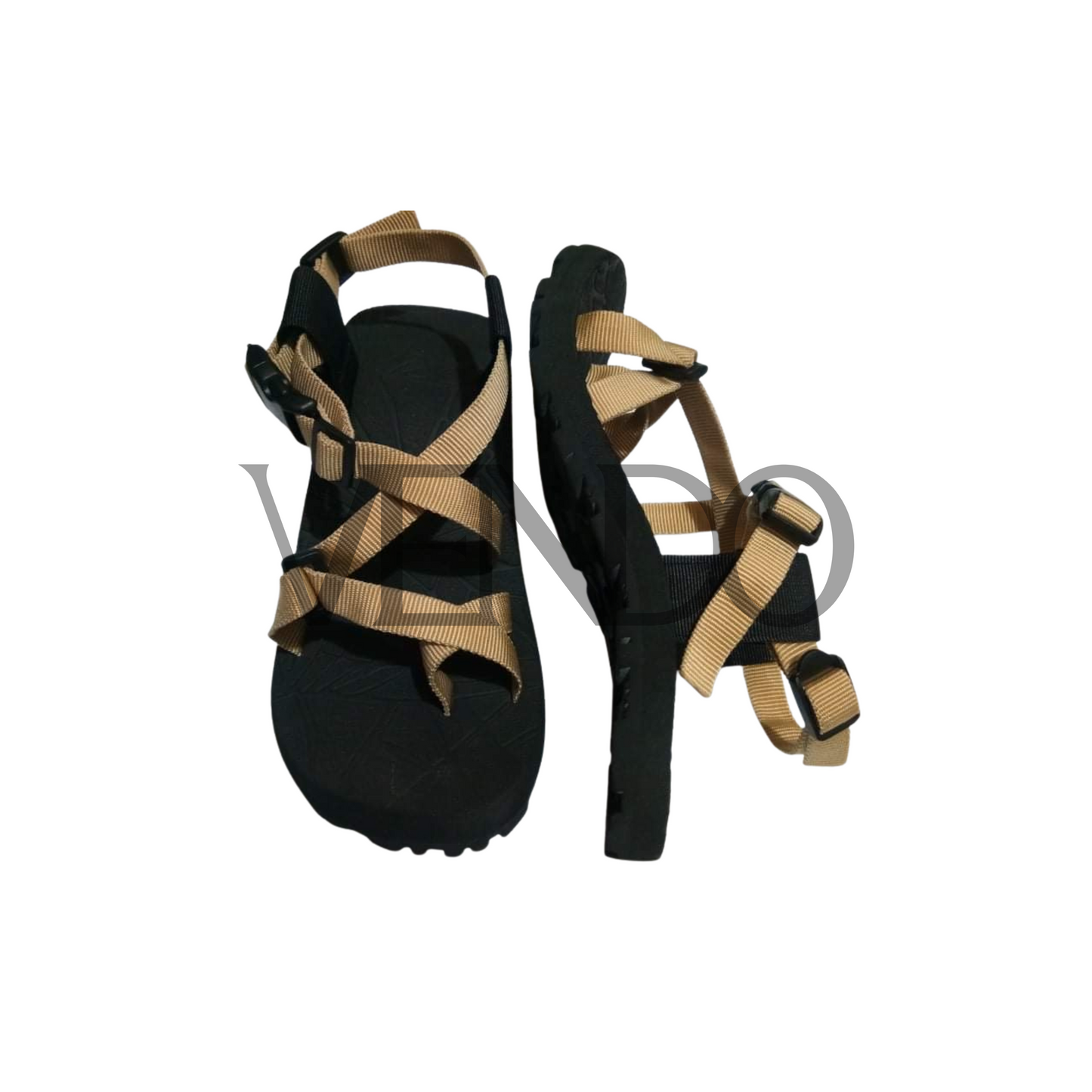 Black and beige sandals on a white background