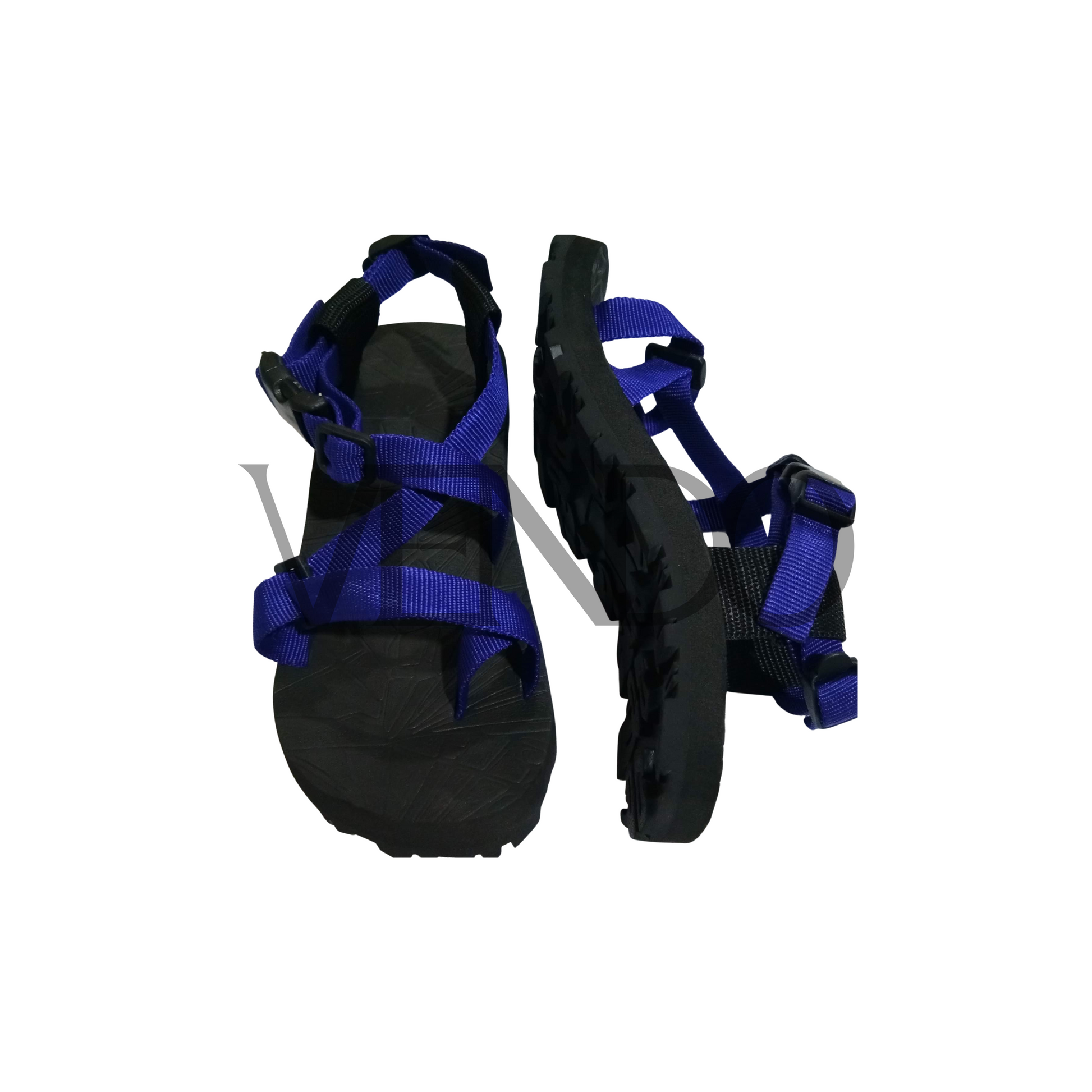 Black and blue sandal with straps on a white background