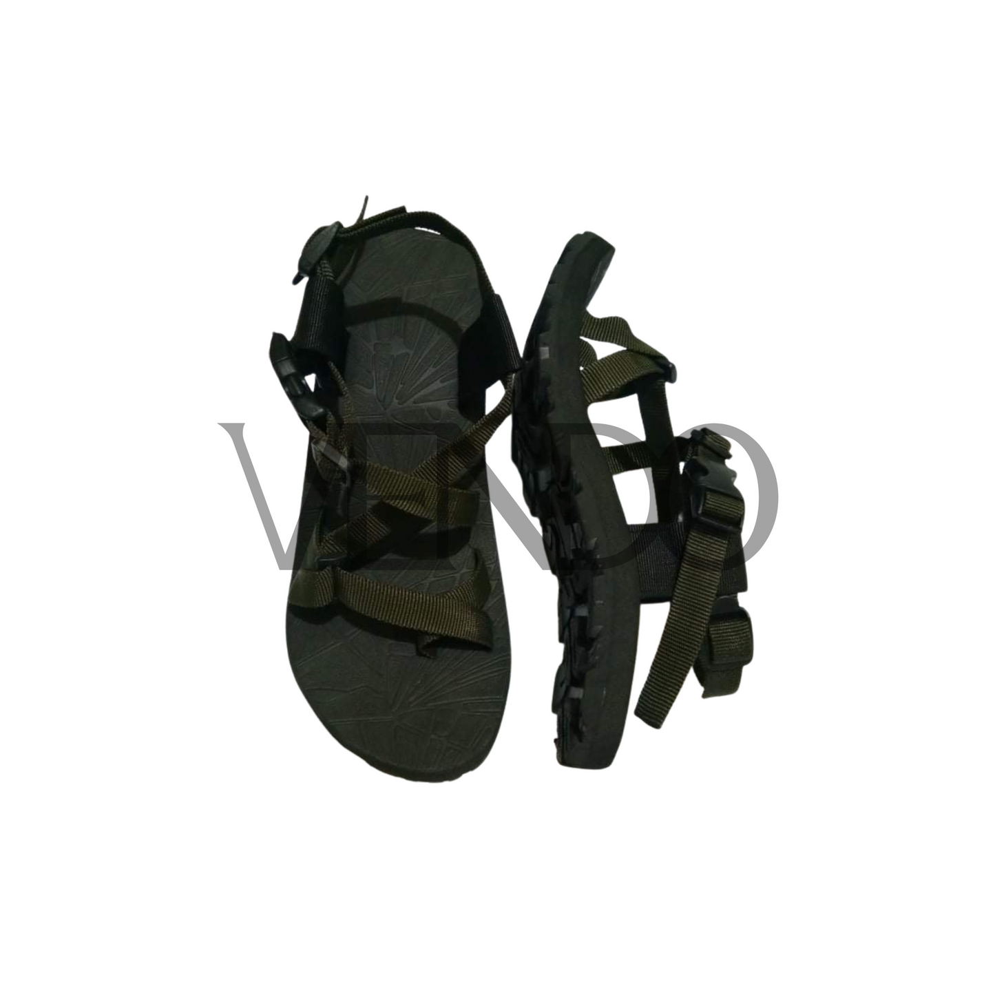 Dark green sandal with multiple straps on a white background