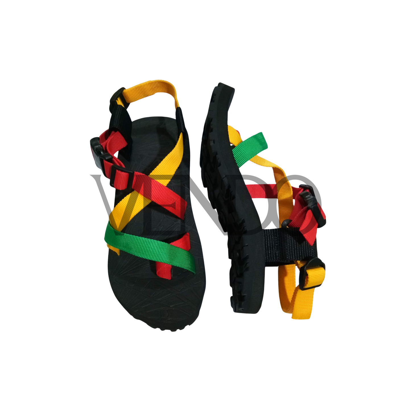 Hiking sandals with green, red, and yellow strap on a white background