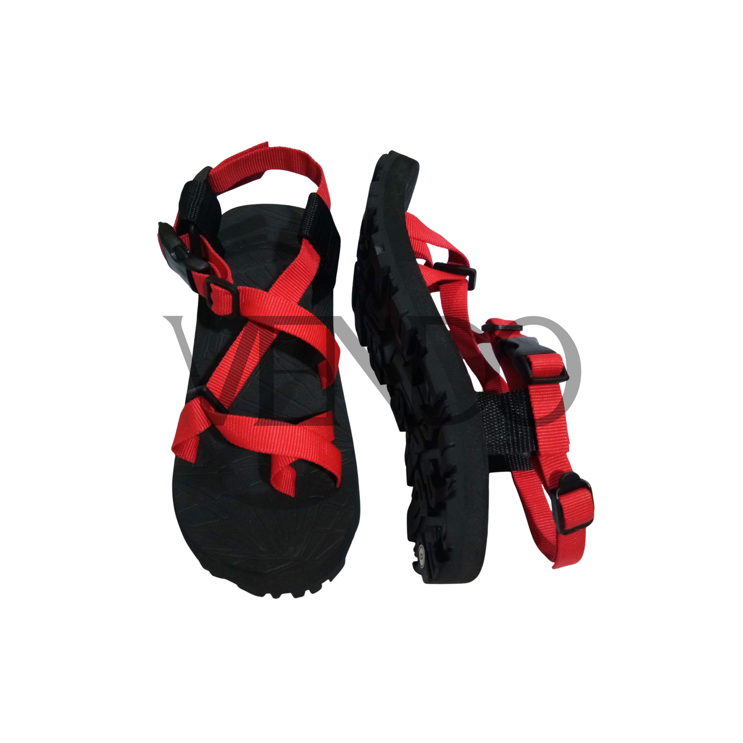 Black and red sandal with straps on a white background