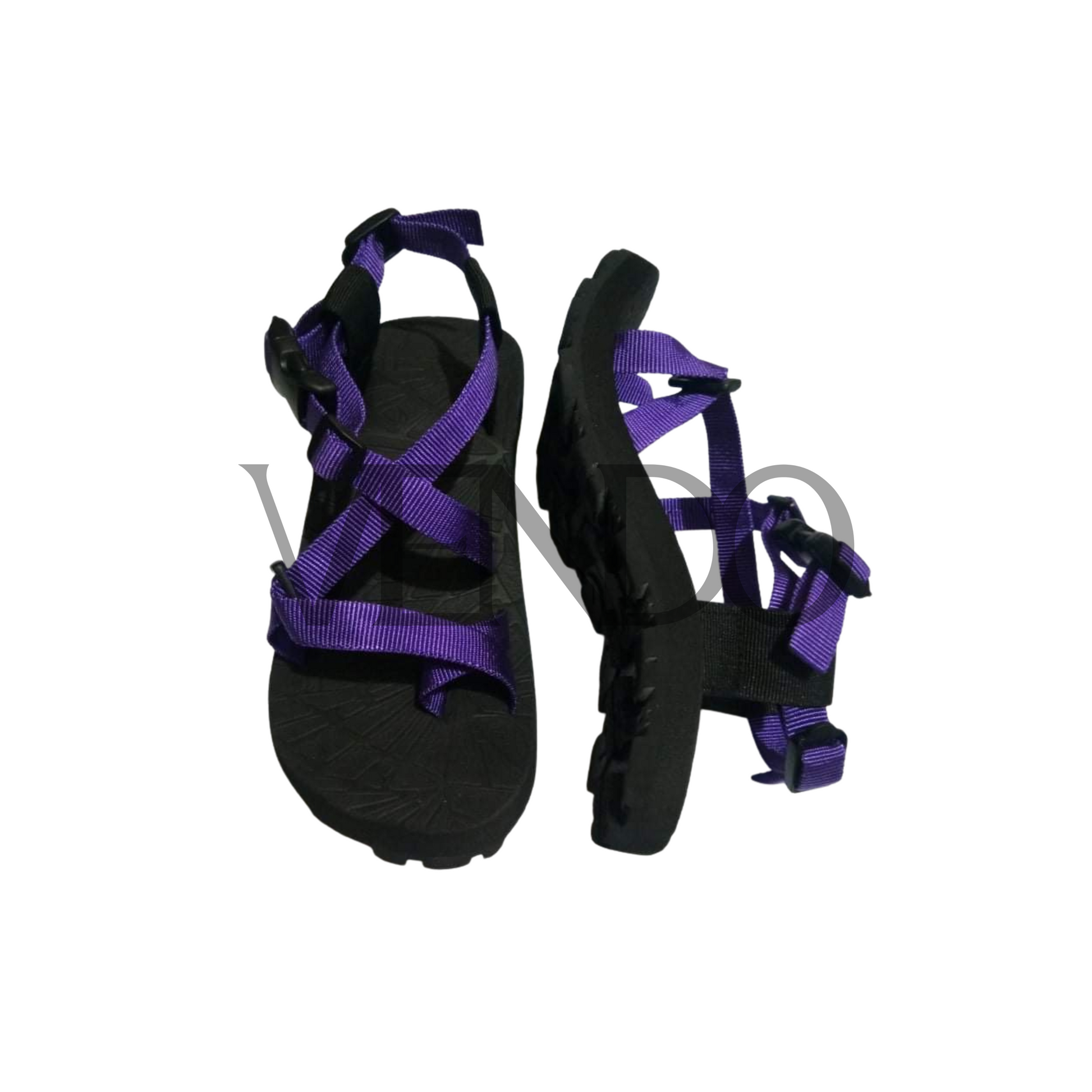 Black sandals with purple straps on a white background
