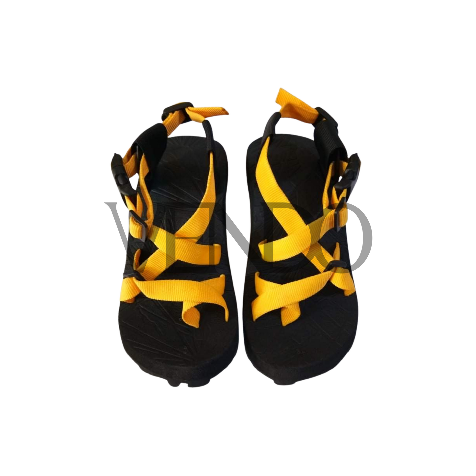 Black and yellow sandals on a white background