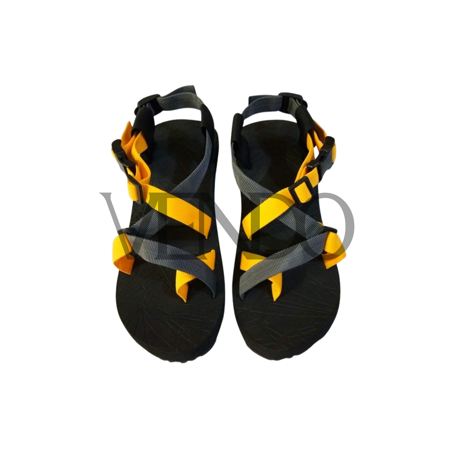 Gray and yellow sandals on a white background