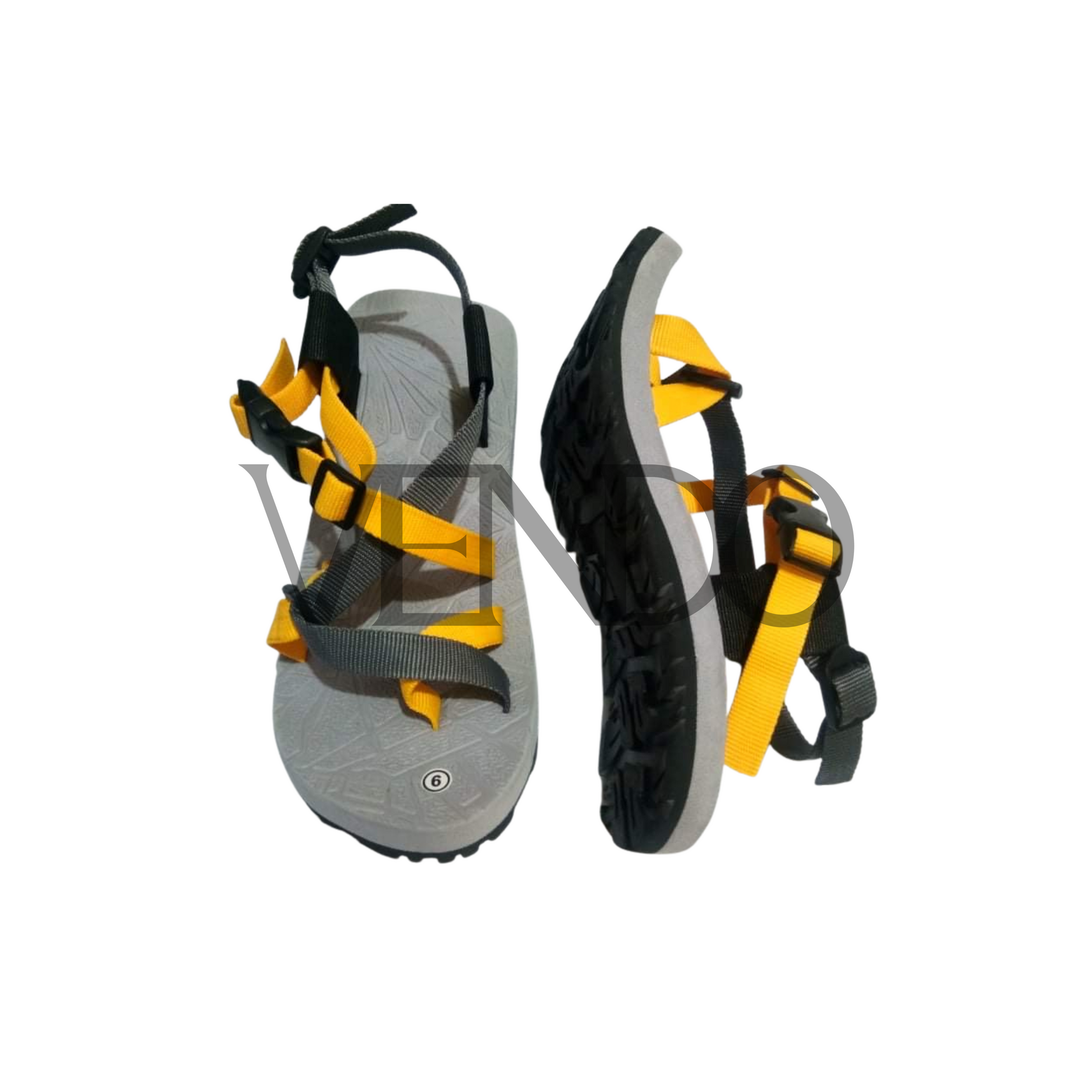 Climbing shoes with yellow and black straps on a white background