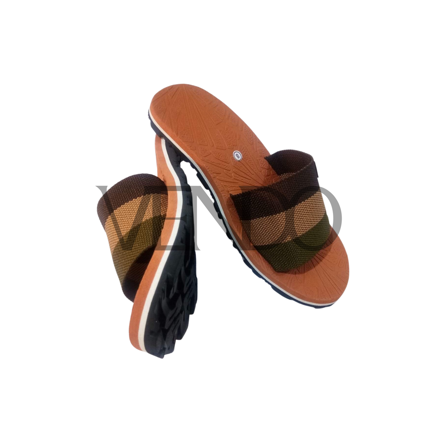 Pair of brown and black sandals on a white background