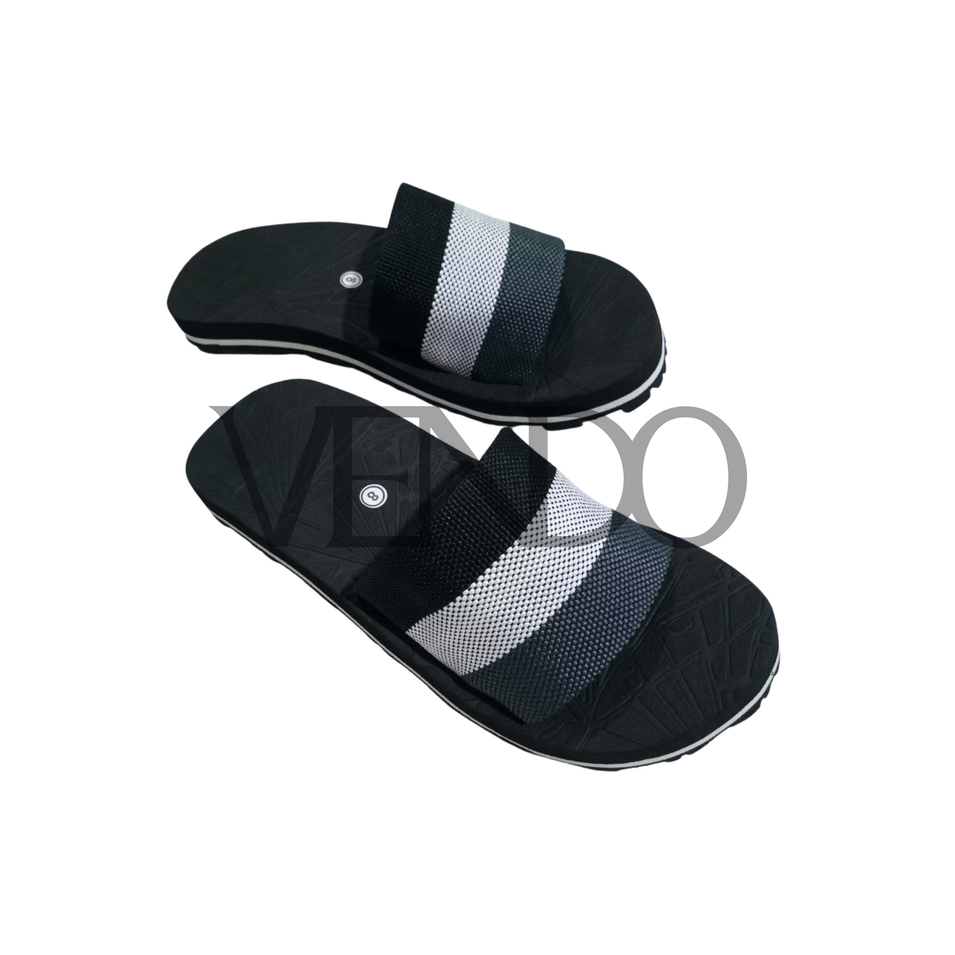 Black and gray striped sandals on a white background
