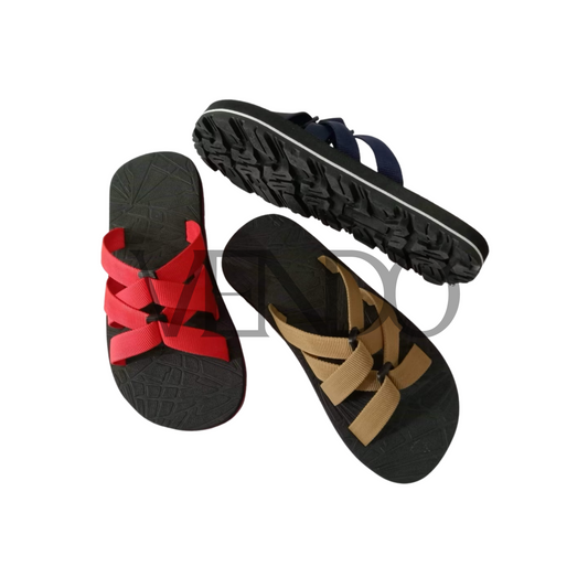 Two pairs of sandals, one red and black, one brown and black, on a white background.