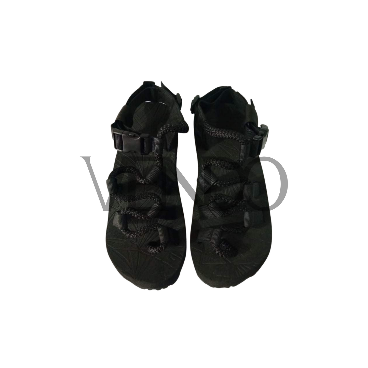 Pair of black hiking sandals on a white background