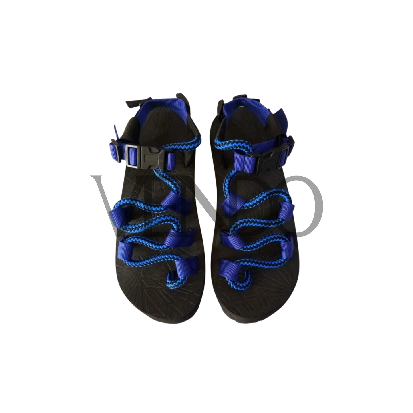 Black and blue hiking sandals on a white background