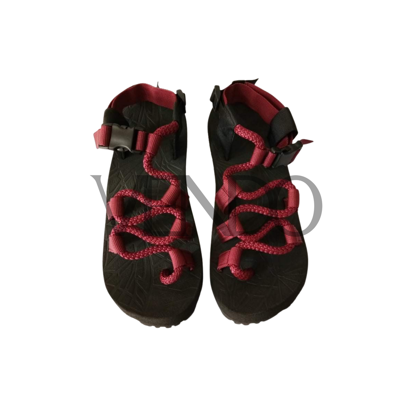 Black and dark red hiking sandals on a white background