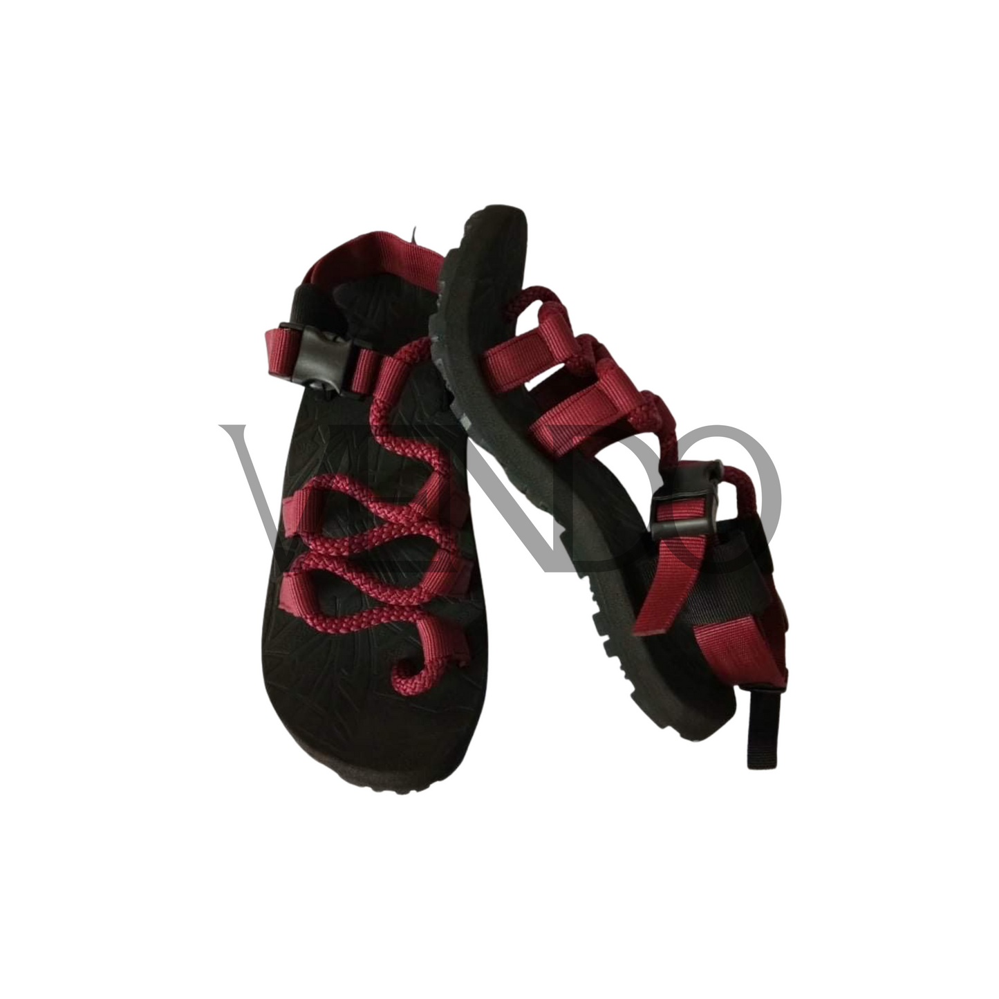 Black and dark red hiking sandals on a white background