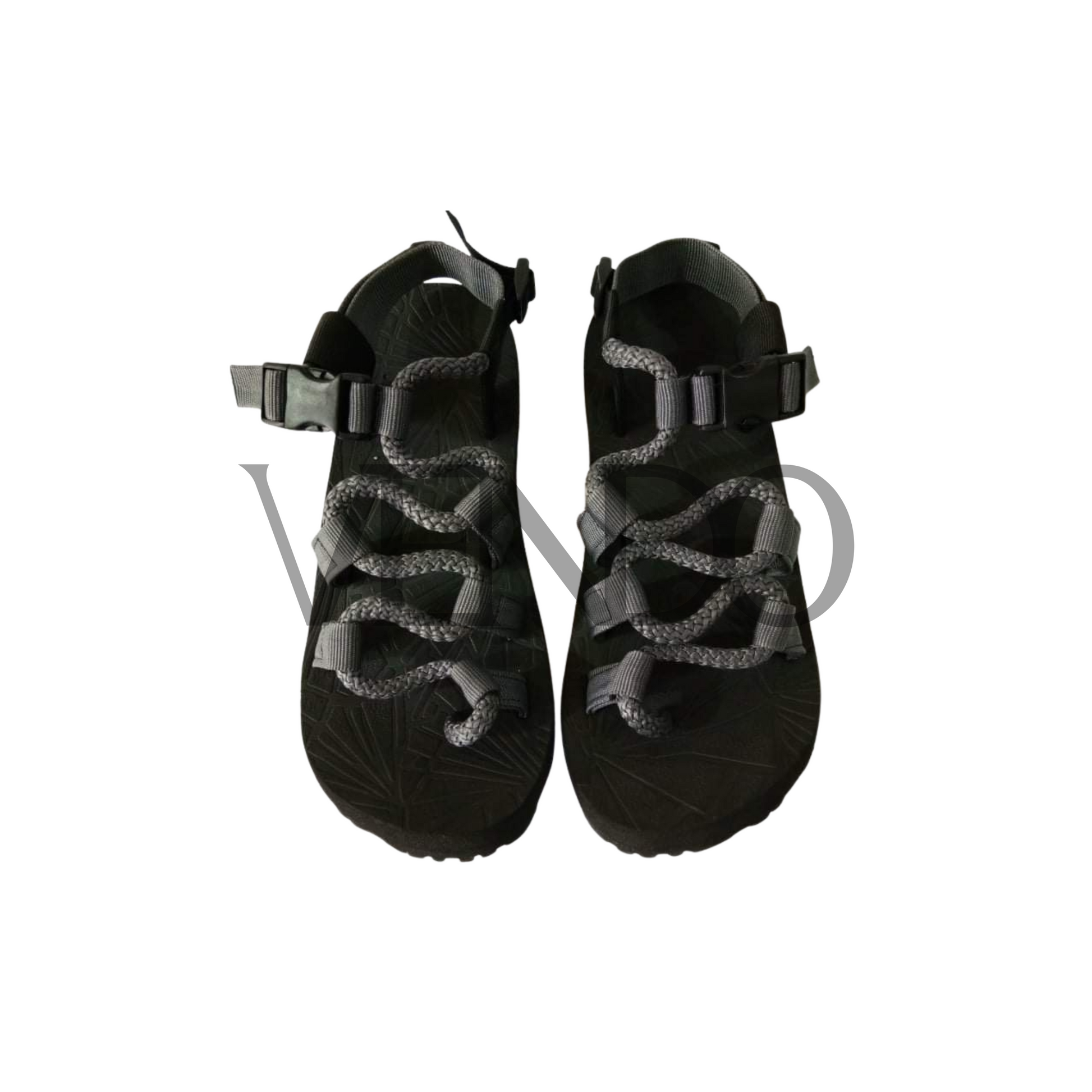 Pair of black and gray hiking sandals on a white background