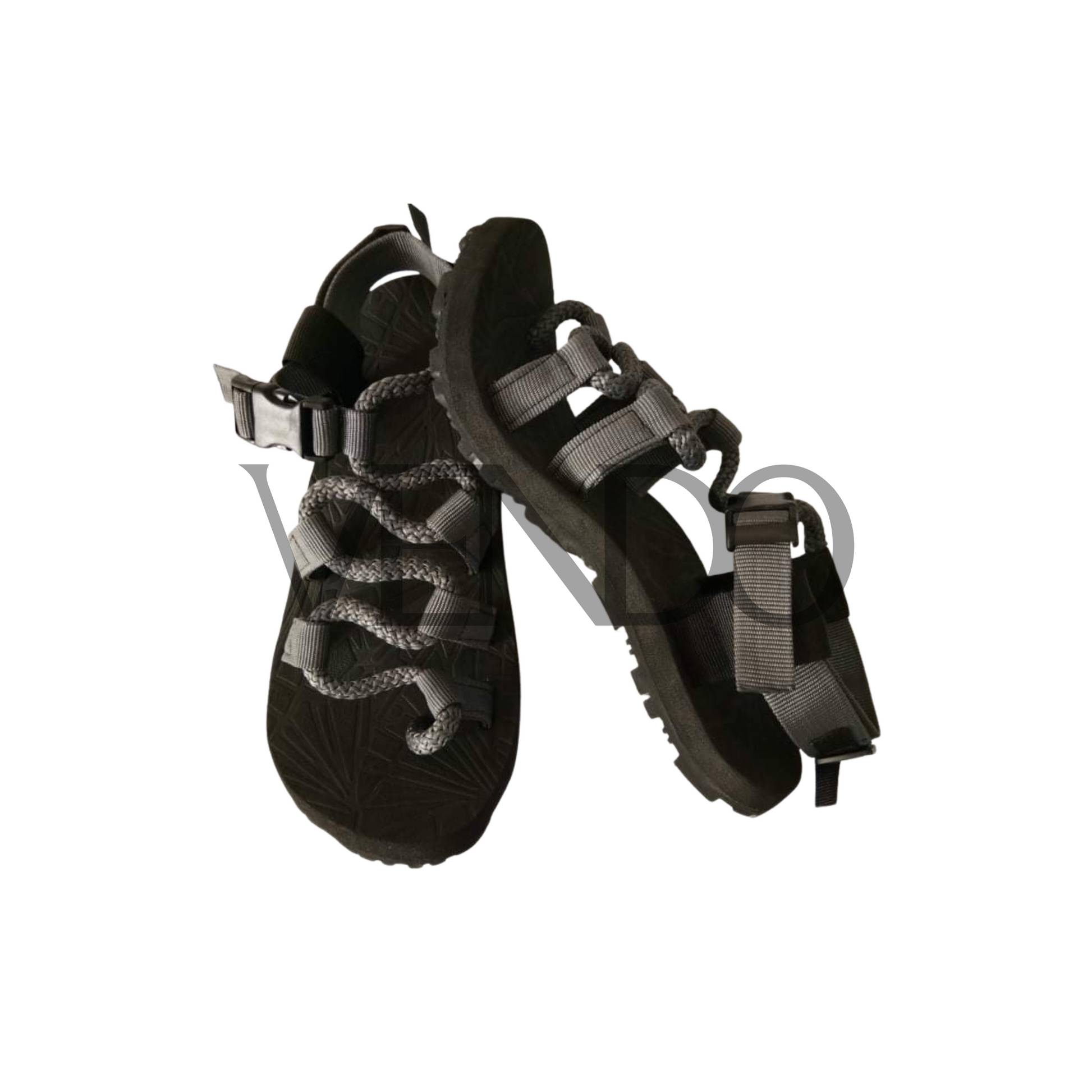 Black hiking sandals with gray straps on a white background