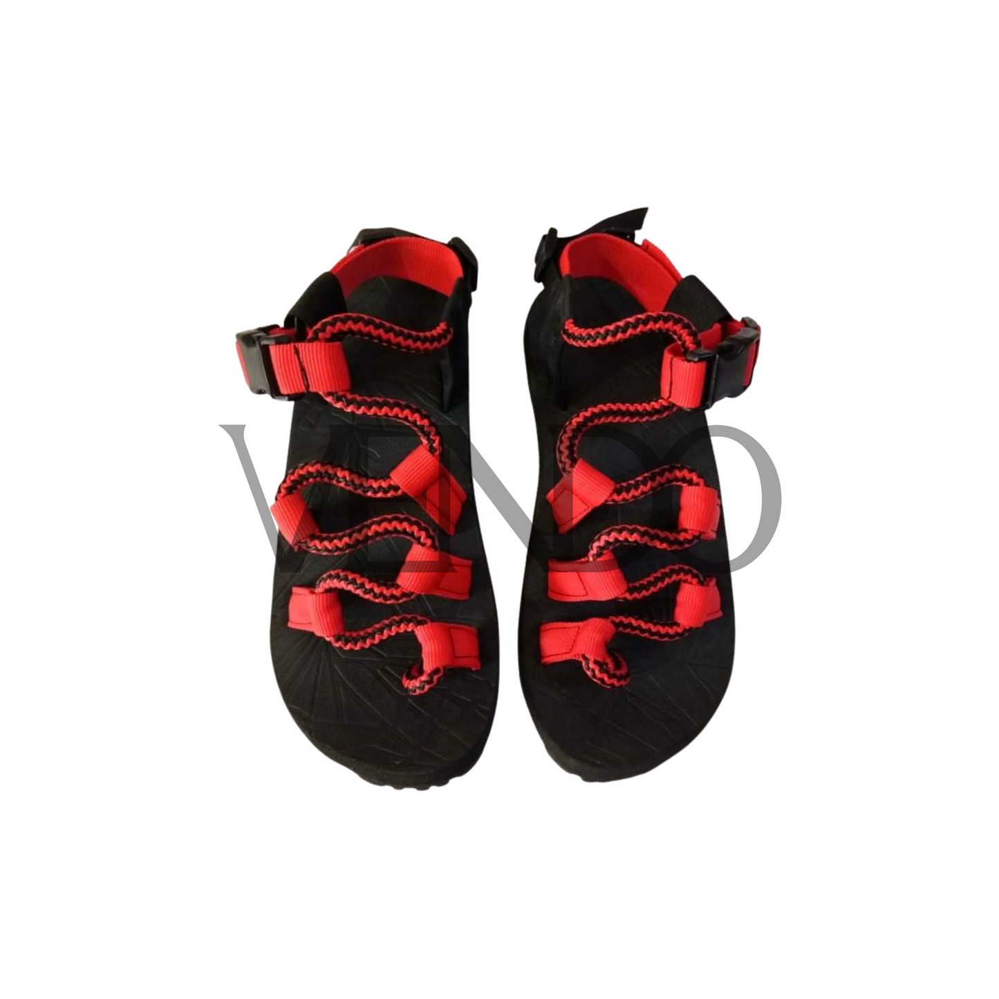 Black and red hiking sandals on a white background