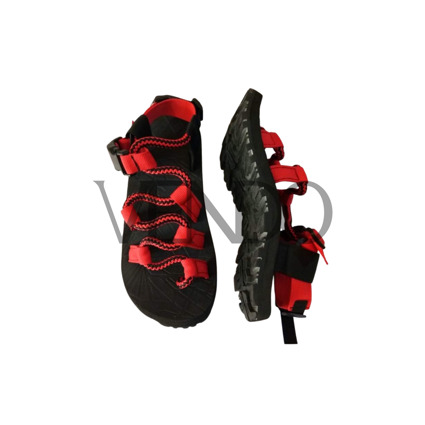 Black and red hiking sandals on a white background