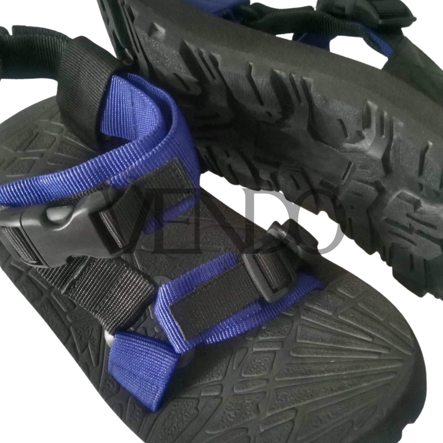 Black sandals with blue straps on a white background