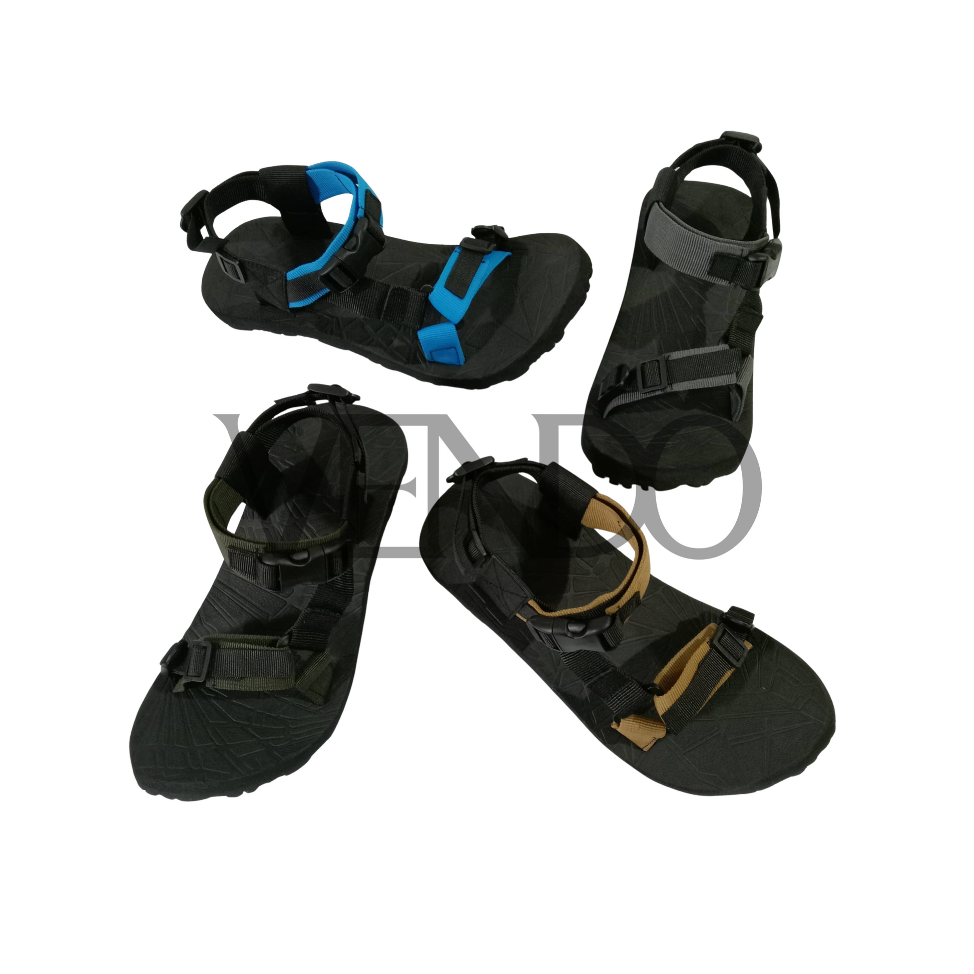 Black sandals with various strap designs on a white background