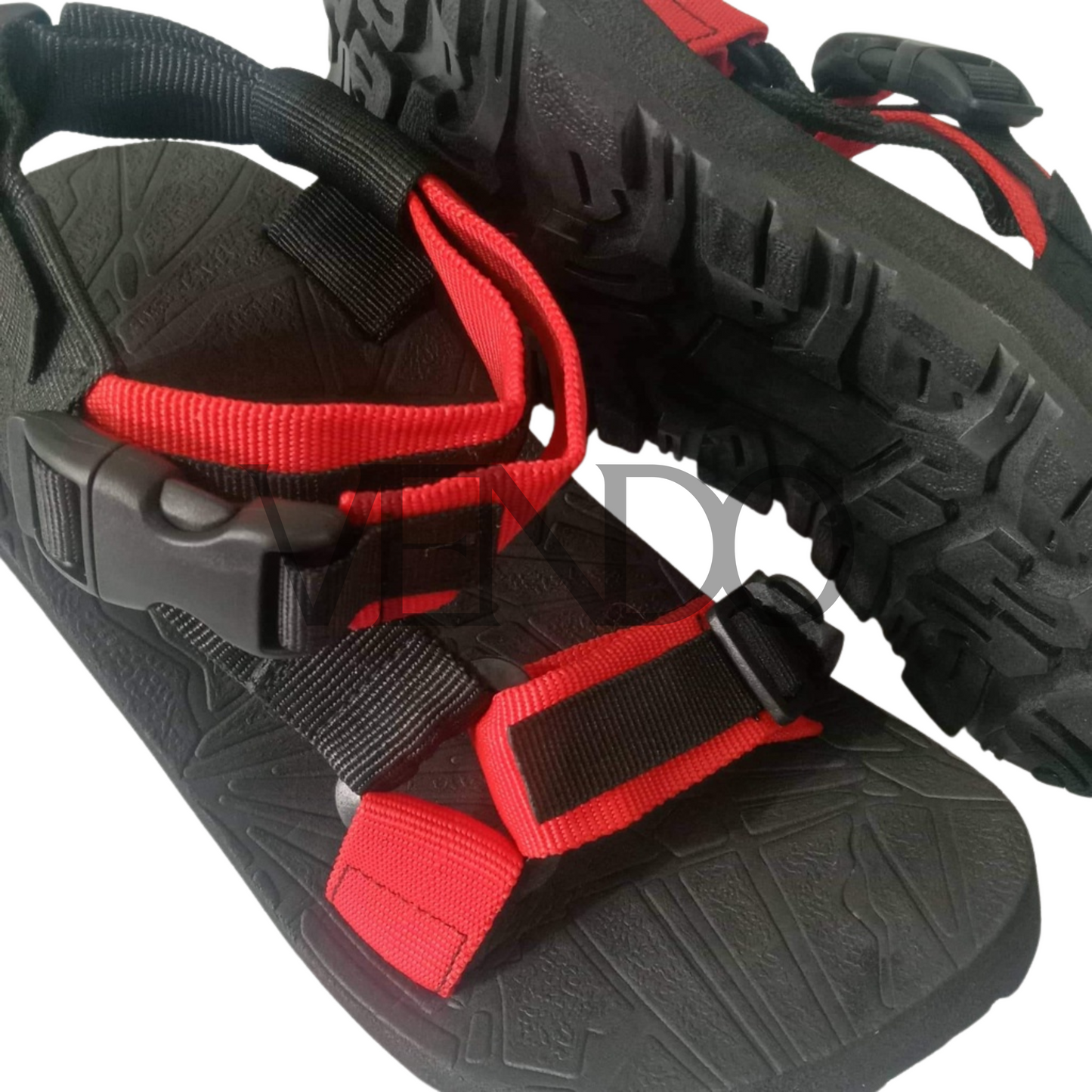 Black and red sandal with a visible brand logo on a white background