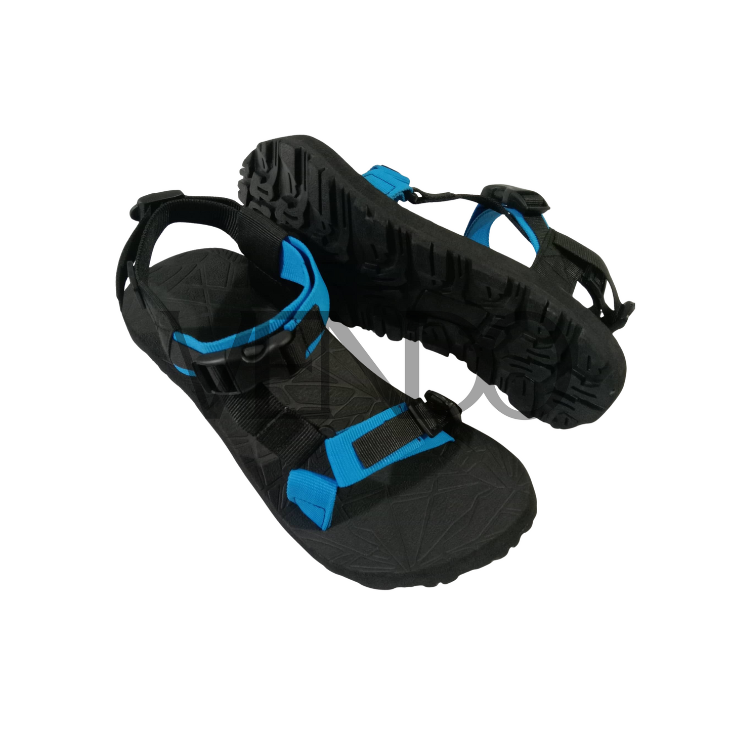 Black and blue sandals on a white background