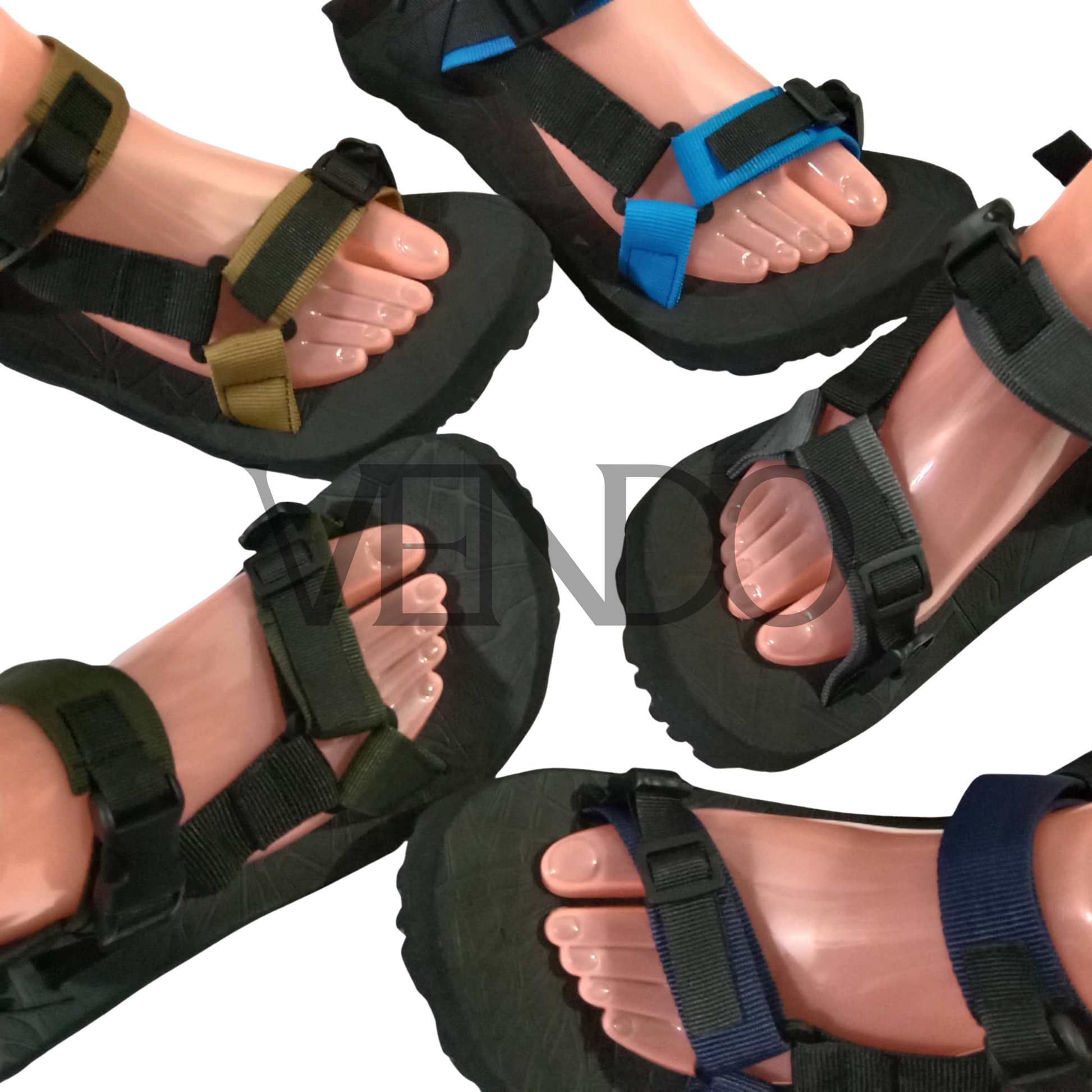 Multiple pairs of sandals with different strap colors on a white background