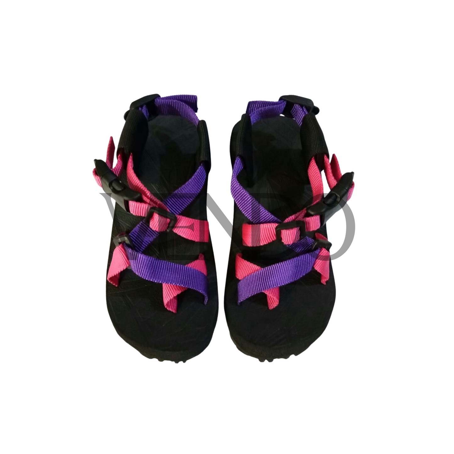 Black sandals with pink and purple straps on a white background